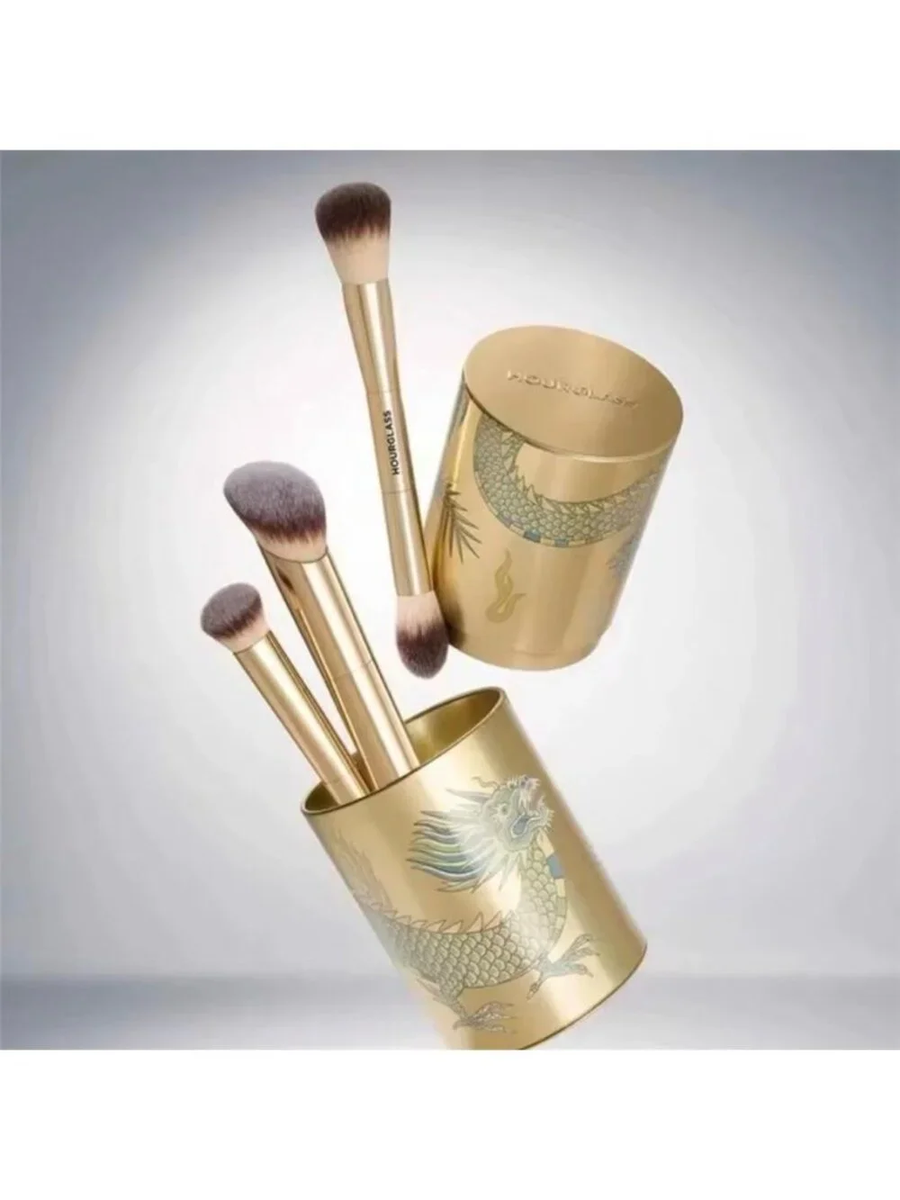 Hourglass Gold Makeup Brush set 3pcs Golden Dragon Case NWT